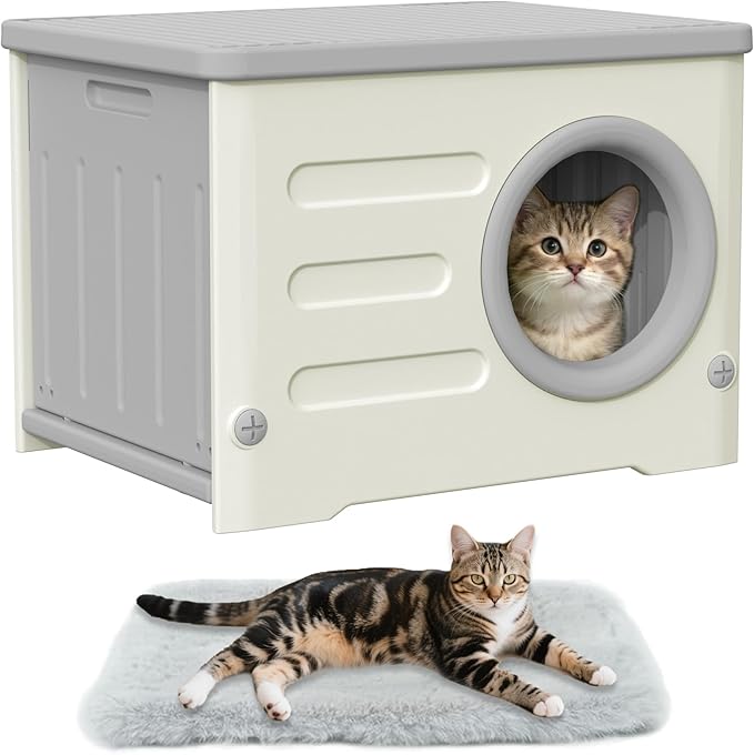 Outdoor Cat House-Weatherproof Heavy-Duty & Sturdy Feral Cat Shelter, Insulated Elevated Stackable Plastic Cave for Outdoor/Indoor Use with Cushion (Grey)