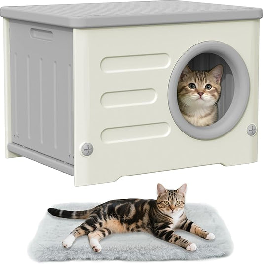 Outdoor Cat House-Weatherproof Heavy-Duty & Sturdy Feral Cat Shelter, Insulated Elevated Stackable Plastic Cave for Outdoor/Indoor Use with Cushion (Grey)