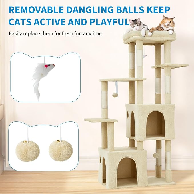 GarveeLife 61" Multi-Level Cat Tree for Indoor Cats, Heavy-Duty Tower for Large Adult & Maine Coon Cats with Oversized Perch, Dual Condos, Natural Sisal Scratching Posts & Play Toys – Beige