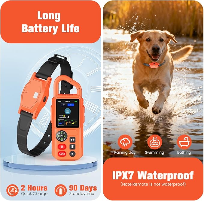 4-in-1 Wireless Dog Fence System, Electric Fences for Medium Large Dogs, 4 Modes Training Collar with Remote, IPX7 Waterproof, Portable Indoor & Outdoor Safe Pet Containment, Real-Time Display