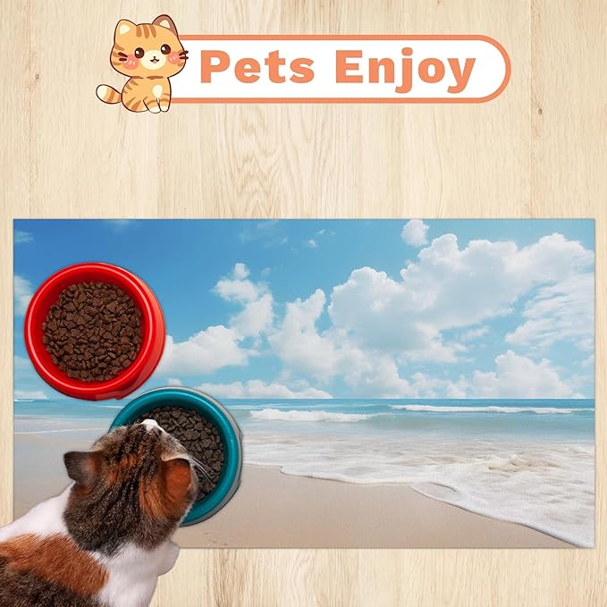 Teal Beach Dog Food Mat for Floors Absorbent, Quick Dry Water Dispenser Mat for Food, Water, Pet Supplies 16" x 24", Ocean Beach