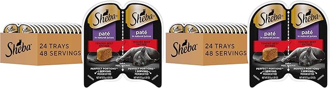 Sheba Perfect Portions Wet Cat Food Pate Tender Beef Entree,2.6 oz. Twin-Pack Trays,Cat Food Wet Recipe (,48 Servings),24 Count (Pack of 2)