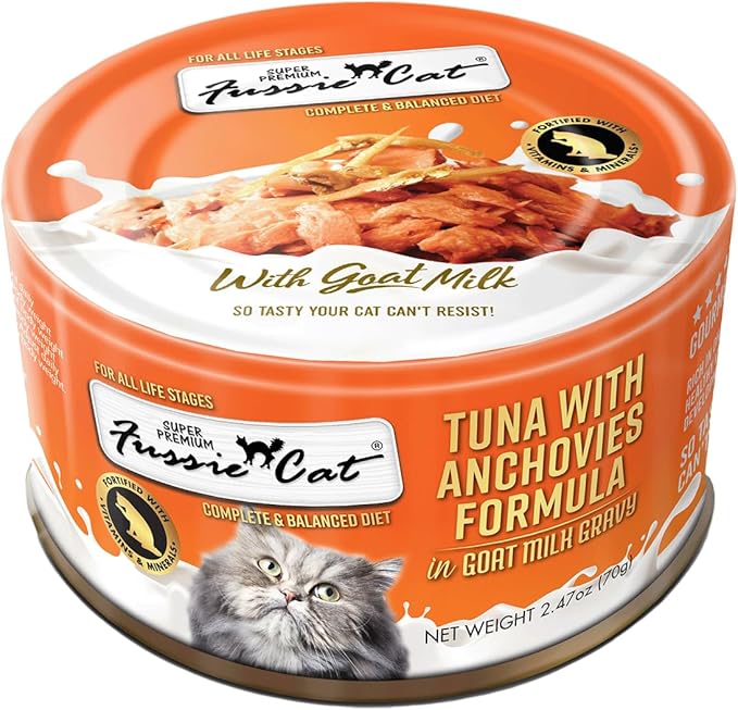 Fussie Cat Premium Canned Wet Cat Food in Goat Milk Gravy - 2.47 oz Cans - Case of 24 Cans (Tuna & Anchovies)