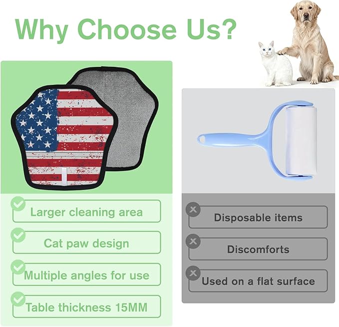 Vintage Stars Stripes Electrostatic Pet Hair Removal Glove for Cats & Dogs - Reusable Grooming Mitt for Couch, Carpet, Car Seat & Laundry - Large 9x9 Inch