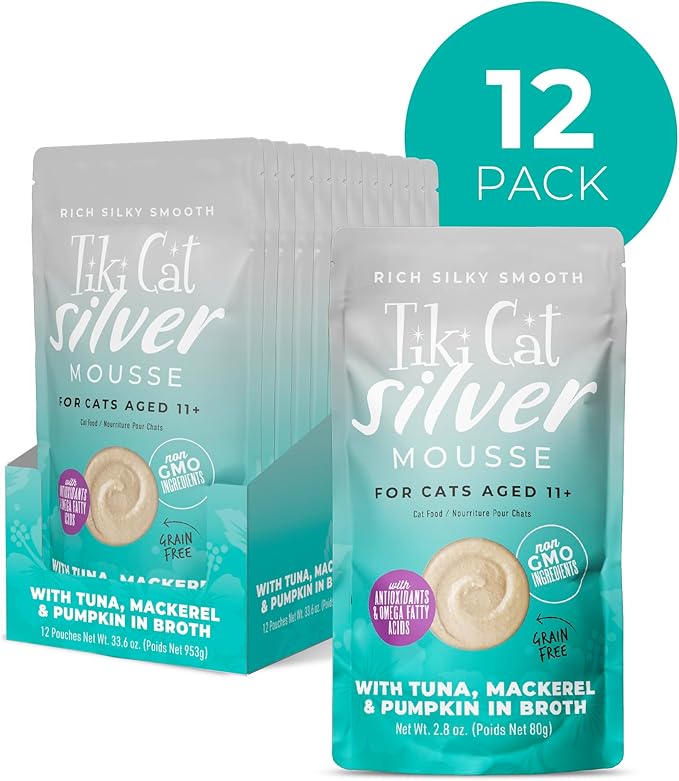 Tiki Cat Silver Mousse Wet Cat Food, Tuna, Mackerel & Pumpkin in Broth, 2.8 oz. Pouch (12 Count)