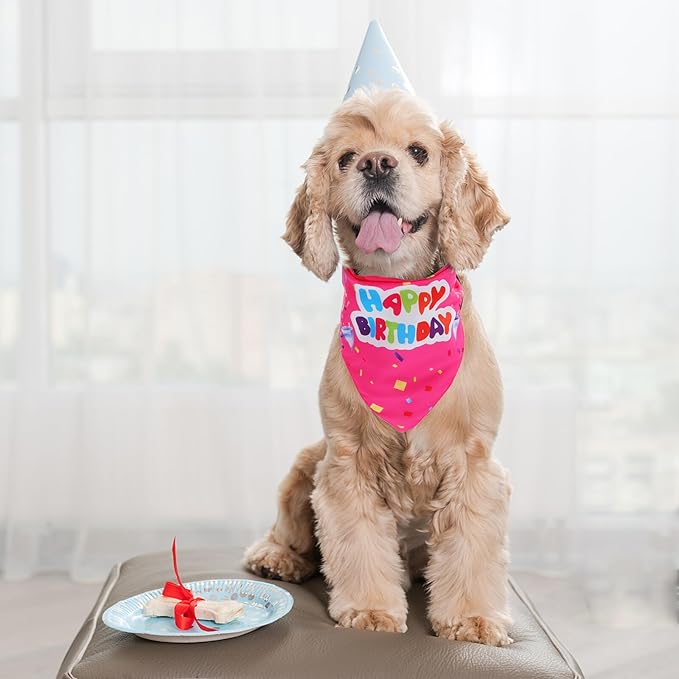 2pcs Birthday Dog Bandanas Triangle Scarves Pet Saliva Towels Colorful Blue Pink Puppy Bibs for Dog Birthday Party Supplies