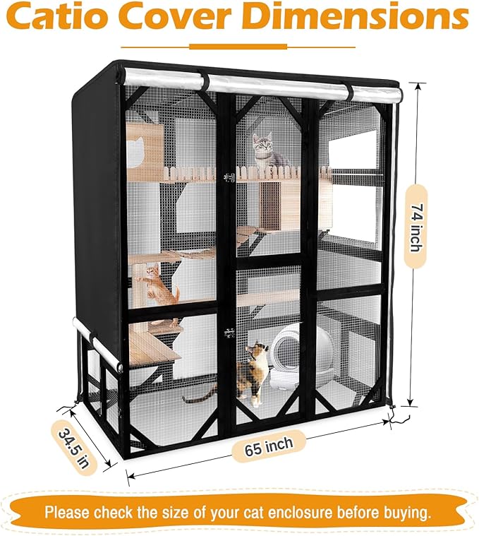 Catio Cover,65"L x 34.5"W x 74"H Cover for Catio Outdoor Cat Enclosure Waterproof, 420D Cat Cage Covers for FunXplore Large Catios, Outdoor Cats Enclosure Covers(Black)(Catios Not Included)