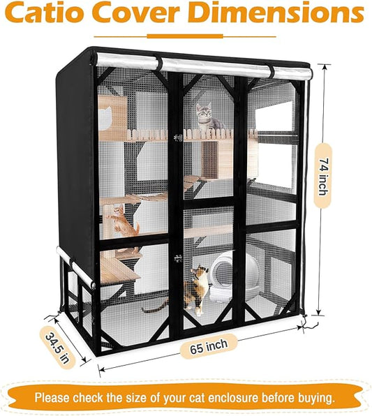 Catio Cover,65"L x 34.5"W x 74"H Cover for Catio Outdoor Cat Enclosure Waterproof, 420D Cat Cage Covers for FunXplore Large Catios, Outdoor Cats Enclosure Covers(Black)(Catios Not Included)