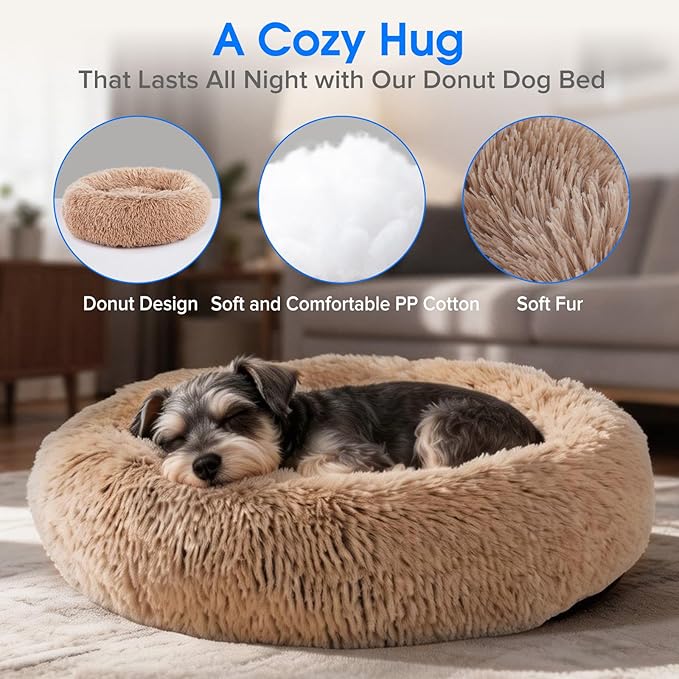 NEWBULIG 30.7x30.7 Inch Dog Bed Large Sized Dog, Donut Shape Cat Beds for Indoor Cats with Washable, Anti-Slip, Faux Fur