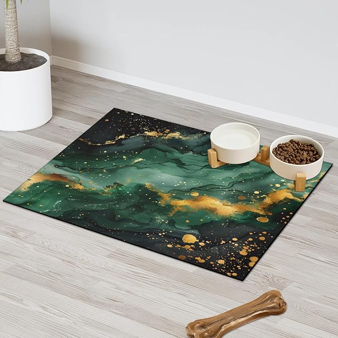 Green Marble Dog Food Mat for Floors Absorbent, Quick Dry Water Dispenser Mat for Food, Water, Pet Supplies 12" x 20", Modern Abstract