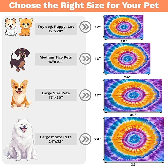 Tie Dye Dog Food Mat for Floors Absorbent, Quick Dry Water Dispenser Mat for Food, Water, Pet Supplies 17" x 30", Watercolor Abstract
