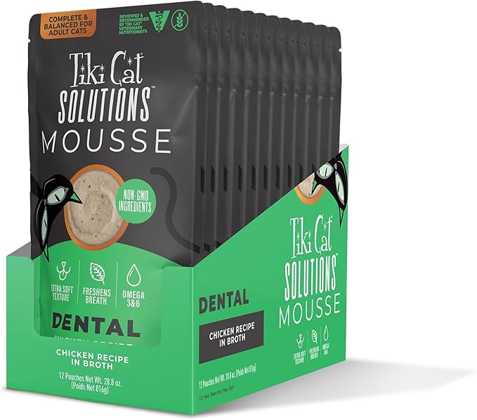 Tiki Cat Solutions Mousse Wet Cat Food, Dental, Chicken Recipe in Broth, 2.4 oz. Pouch (12 Pack)