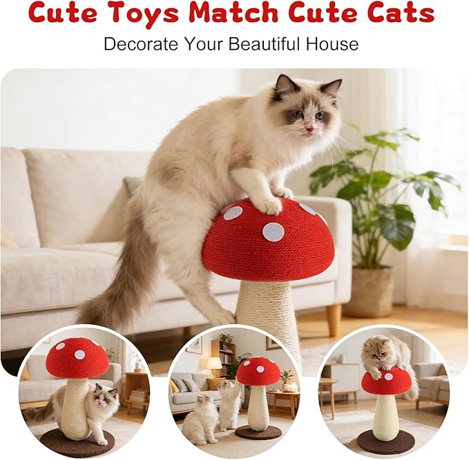 Mushroom Cat Scratching Post, 19.7 Inch Cat Scratcher with Stable Base, Natural Sisal Pole & Cozy Perch for Indoor Cats, Fun Fungus Cat Scratching Board for Kittens and Cats