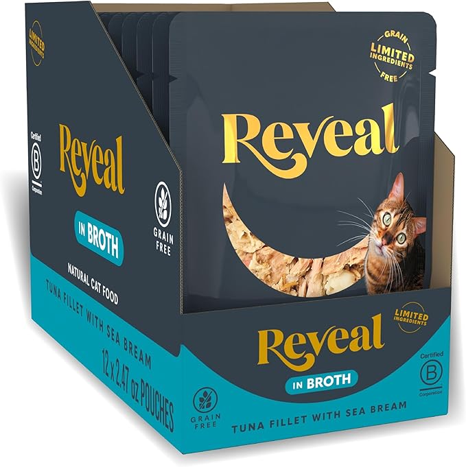 Reveal Natural Wet Cat Food, Limited and Natural Ingredients, Grain Free, High Protein with No Artificial Additives, Tuna Fillet with Seabream in Broth (12 x 2.47 oz Pouches)