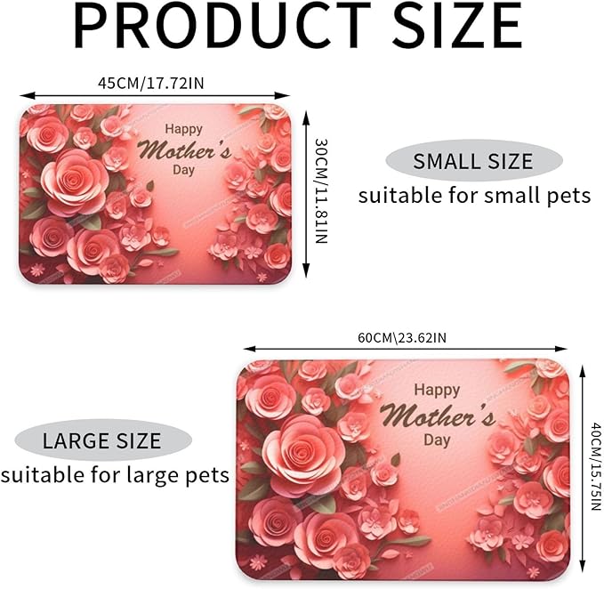 Pet Feeding Mat for Dogs Cats Happy Mother's Day Red Floral Gift for Mom Du Absorbent Dog Food Mat Non-Slip Waterproof Placemat Quick Dry Pet Supplies Bowl Mats