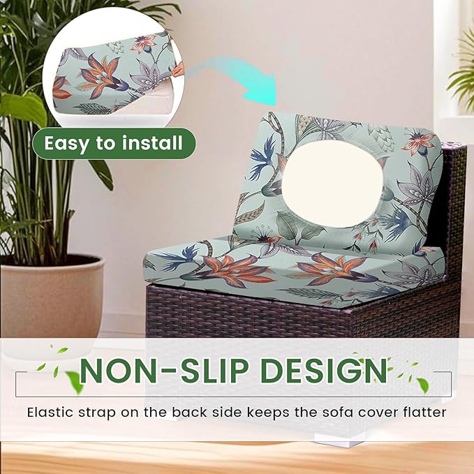 HANDONTIME 8Pcs Outdoor Patio Cushion Covers Boho Floral Stretch Couch Cushion Cover Chic Patio Couch Slipcover for Outdoor/Indoor Washable Non-Slip Furniture Protector for Pet (Blue, Cover Only)