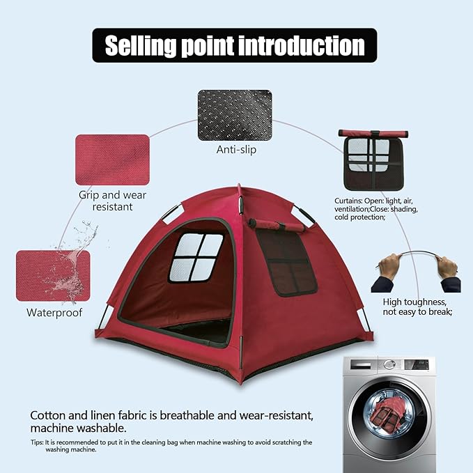 Open Design Pet Tent, Cozy Monitoring Bed for Cats & Puppies, Breathable Mesh Walls for Security & Ventilation, Indoor Outdoor Travel, Red