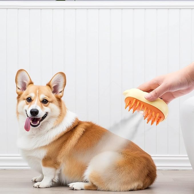 Rechargeable Cat Steam Brush, Electric Pet Hair Remover for Dogs and Cats, Grooming Comb Gentle Massage Detangler, Self-Cleaning Tool, Cordless, Yellow