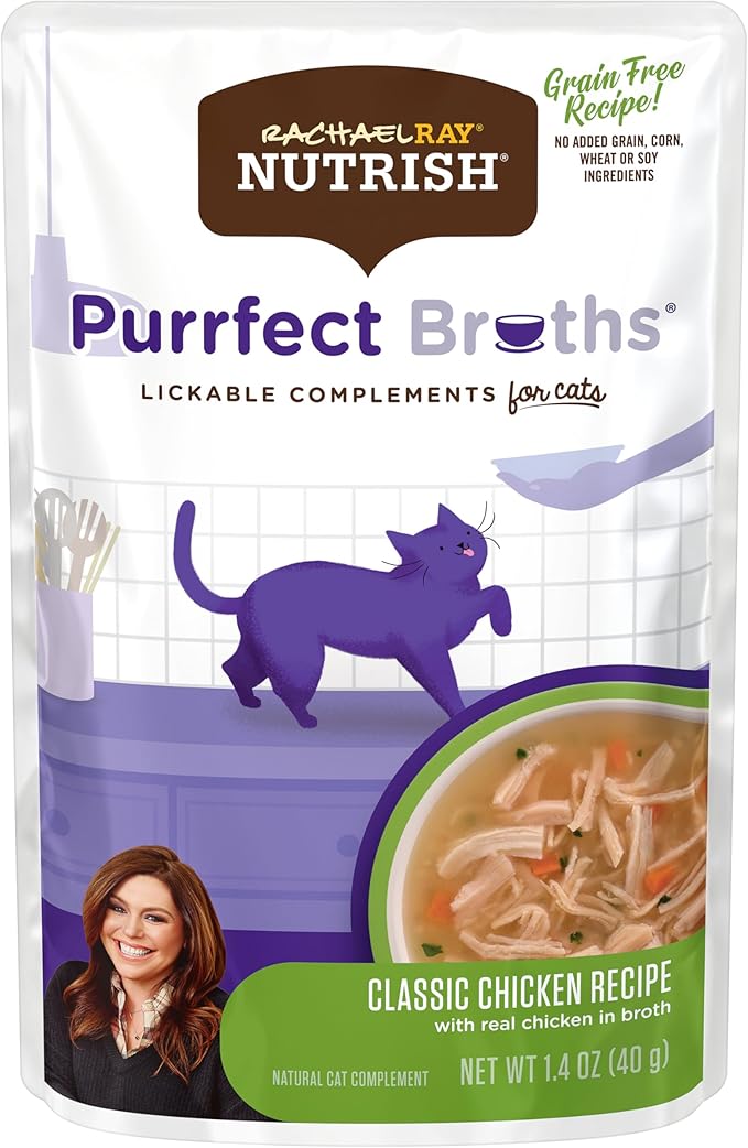 Nutrish Rachael Ray Purrfect Broths Lickable Cat Treats or Topper, Classic Chicken Recipe, Grain Free 1.4 oz. Pouch, 24 Count