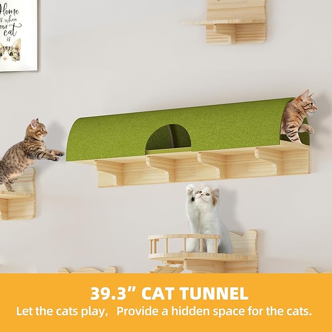 Cat Wall Shelves, 16-in-1 Solid Wood Wall-Mounted Cats Furniture Set with Scratching Post, Cat Climbing Wall Systems with 40''L Tunnel, Step, Condo, House, Bridge Ladder, Cats Shelf Furniture