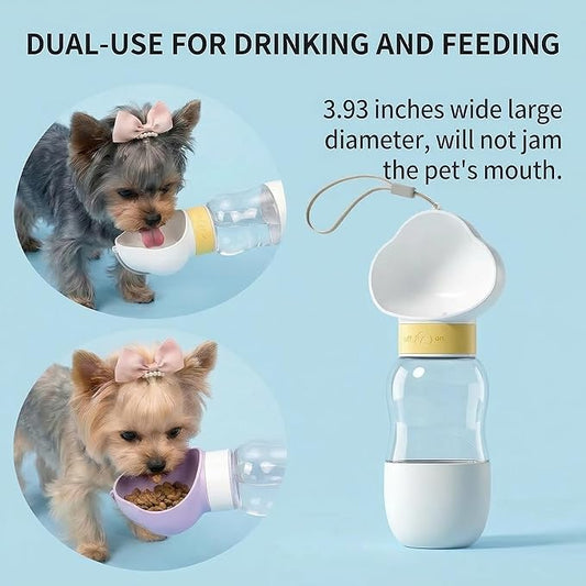 Dog Water Bottle Portable, Built-in Bowl and Dispenser for Dogs, Leak-Proof Bottles for Travel Accessories, Ideal Small Pet Supplies for Puppy Things (White, 11oz No Food Container)