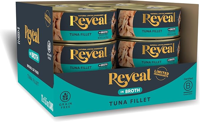 Reveal Natural Wet Canned Cat Food, Limited and Natural Ingredients, Grain Free, High Protein with No Artificial Additives, Tuna Fillet in Broth (12 x 5.5 oz Cans)
