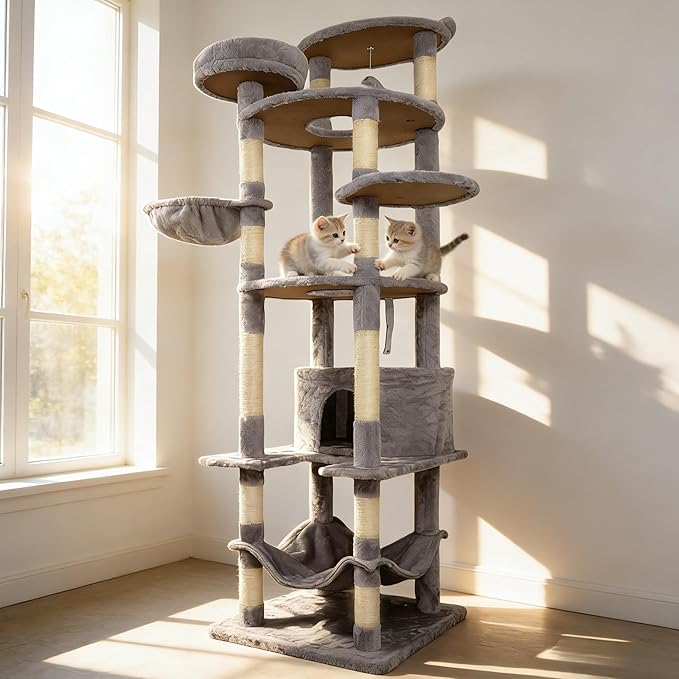 78.8 Inches Cat Tower for Indoor Cats, Cute Cat Tree with Cozy Condo, Platform, Hammock, Sisal Scratch Board and Interactive Toy (Dark Gray)