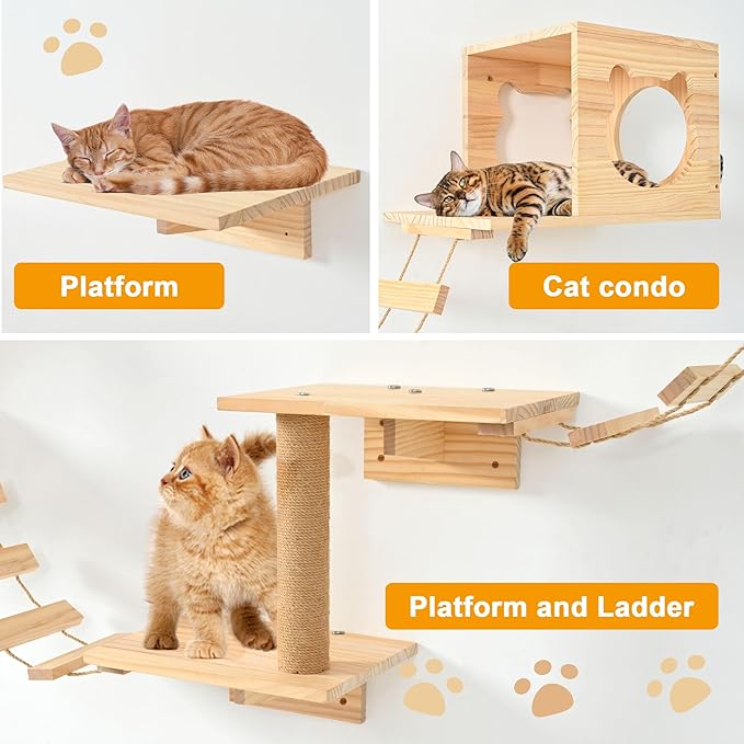 Cat Wall Shelves and Perches, Pine Wooden Cat Wall Furniture Climbing Shelves with Climber, Condo, Scratching Post, Ladder & Platform