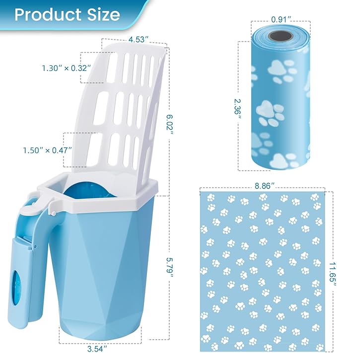 Cat Litter Scooper with Holder Kitty Litter Scoop with Waste Can and 150 Refill Bags, Large Portable Cat Litter Shovel Easy to Clean Suitable for Kittens (Blue)