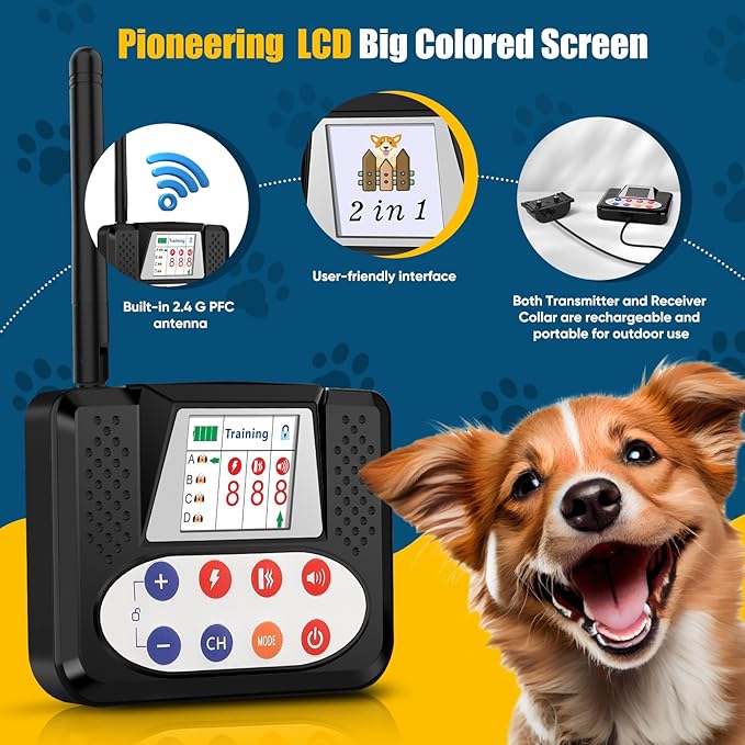 Wireless Dog Fence, Electric Fence System with Big LCD Color Screen, Portable Wireless Pet Fence with Remote Training collar, Dog Perimeter Collar, Adjustable for Small Medium Big Dogs (For 2 Dogs)