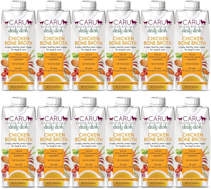Caru - Daily Dish Chicken Bone Broth - Meal Topper for Dogs & Cats - Supports Overall Pet Health - Pour-Over Broth for Wet/Dry Food - Human Grade Ingredients - Non-GMO - Made in USA - 12 Pack