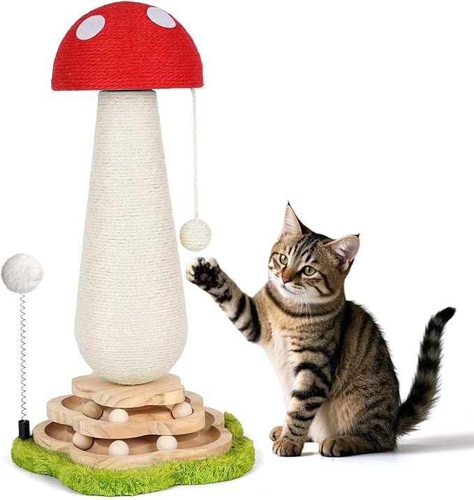 Mushroom Cat Scratching Post Cat Tree, Cute Cat Scratcher Tower with Interactive Ball Two-Layer Track Spring Ball Toys, Mushroom Scratch Post Cat Sisal Scratcher with Catnip for Indoor Cats