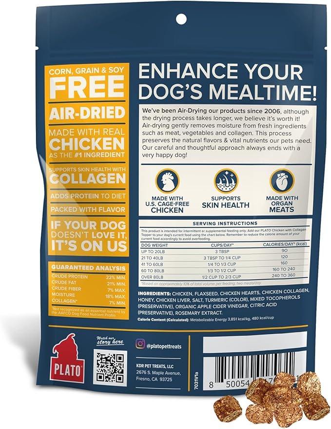 Plato Pet Treats Dog Food Toppers - Air-Dried Dog Food Toppers for Dry Food - with Collagen to Support Skin and Coat Health - Chicken and Collagen Recipe 5.5oz