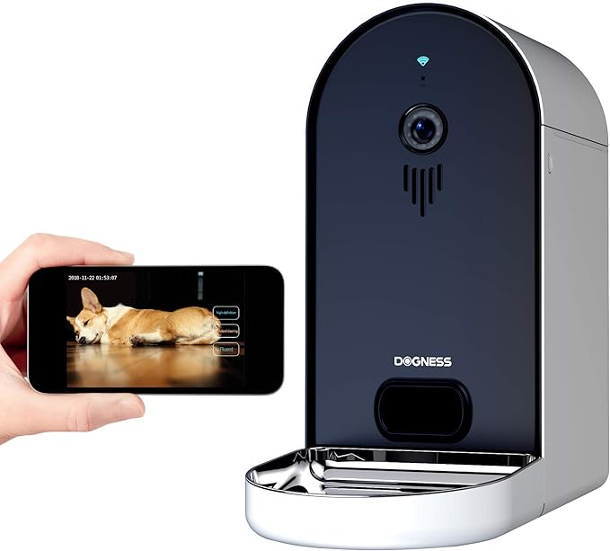 DOGNESS Automatic WiFi Dog/Cat Smart Camera Feeder - 6.5Lbs Large Capacity App Control Food Dispenser with, Portion Control, Voice Recording, Camera, Timer Programmable (Dark Blue - Update Version)