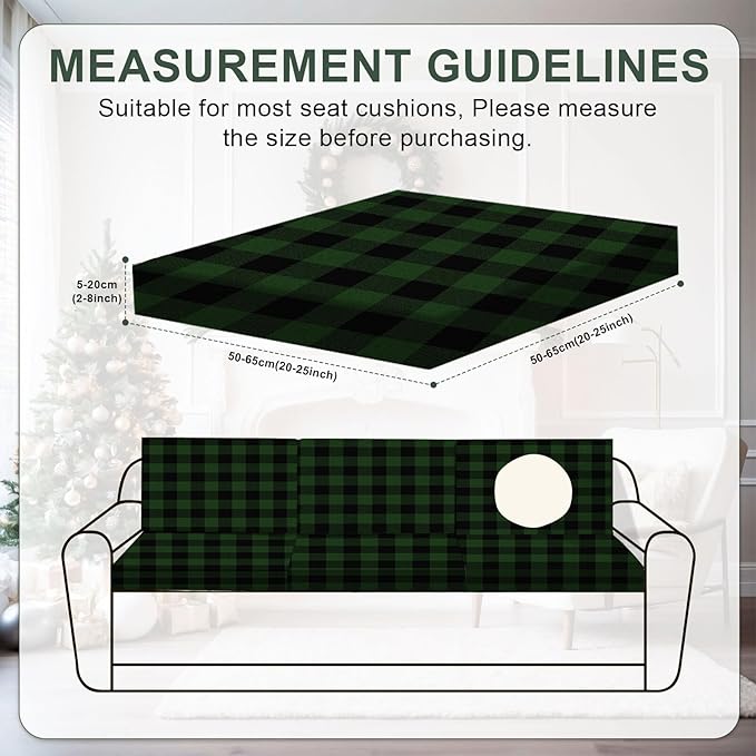 HANDONTIME 8Pcs Christmas Patio Cushion Covers Stretch Outdoor Couch Cover Green and Black Buffalo Check Replacement Cushions Plaid Patio Furniture Covers for Pets Sofa Covers Washable, Cover Only