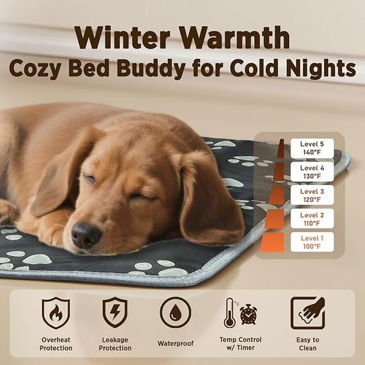 furrybaby Pet Heating Pad, Waterproof Dog Heating Pad Mat for Cat with Durable Anti-Bite Tube Indoor for Puppies Dogs Cats (1 Pack Black, Round 12in, Temp Adjustable)