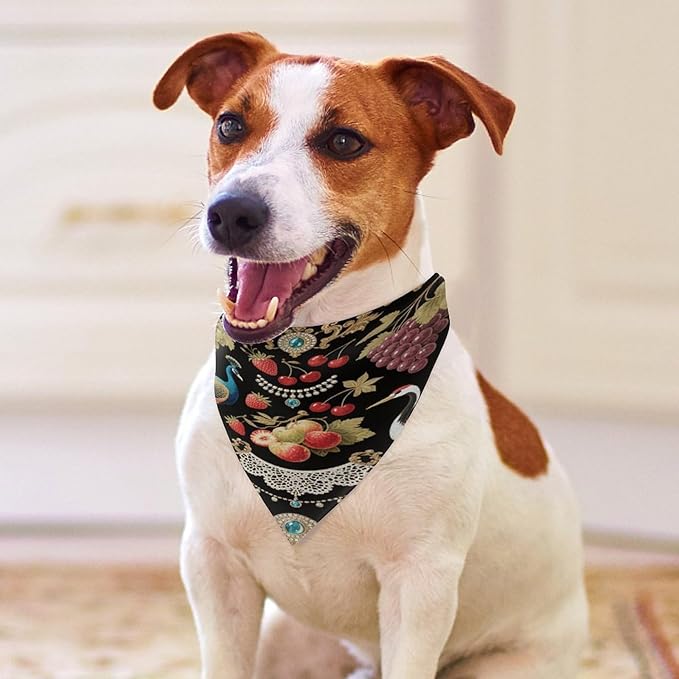 Dog Bandana Spring Pet Scarf Adjustable Triangle Vintage Fruit & Bird Print Printing Dog Bib Washable Polyester Puppy Bandana for Small Medium Large Dogs Cat Birthday Party Supplies