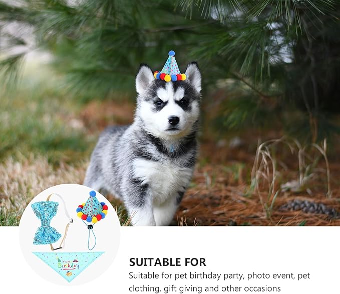 Cabilock Dog Birthday Bandana Scarf Set with Blue Hat, Lightweight Cotton Fabric, Adjustable Size for Pet Birthday Party Supplies and Dog Celebration Accessories