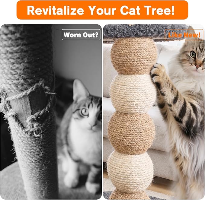 2 Pack Cat Scratching Post Replacement, 13.8 x 3.93 Inch Moden Sisal Poles with M8 Screws, Refill Parts for Indoor Cat Towers and Furniture Repair-White