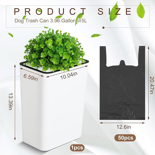 Dog Poop Trash Can Outside 3.96 Gal/15 L Plant Styled Dog Waste Trash Can with Lid 50 Pcs Plastic Waste Bags Outdoor Indoor Poop Container Slim Garbage Bin for Yard Garden Pet (White)