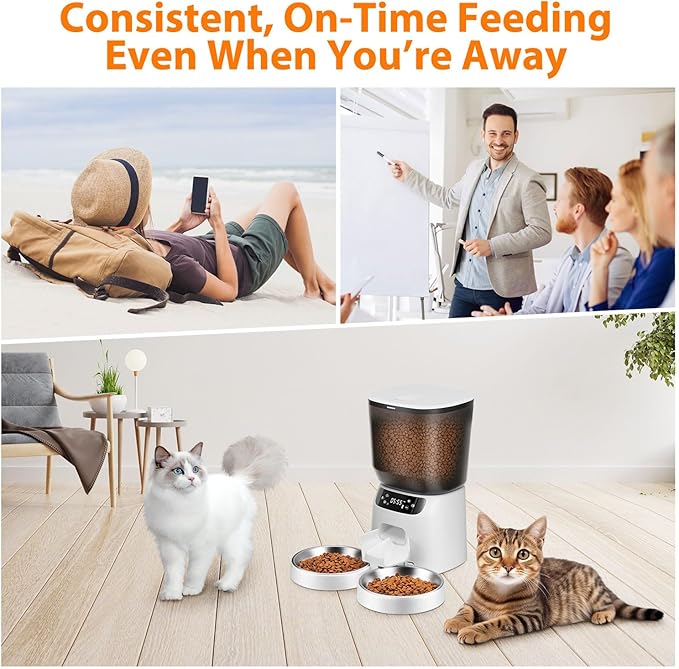 Automatic Cat Feeders for Two Cats, 5L/20 Cups Double Automatic Cat Food Dispenser with 2 Stainless Bowls, Timer Setting 20 Portions 6 Meals Per Day, 10s Meal Call, Pet Feeder for Dog (White, 5L)