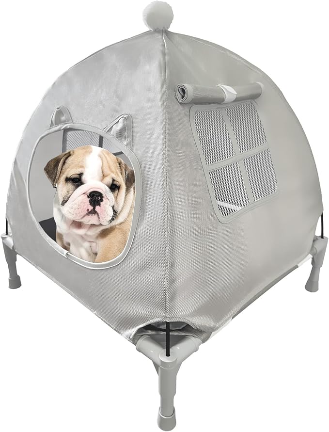 Pozico Elevated Pet Bed with Breathable Mesh for Small Cat and Dog, Raised Cooling Pet Cot for Puppy and Kitty, 18.9x18.9 inch (Gray Bed with Canopy)