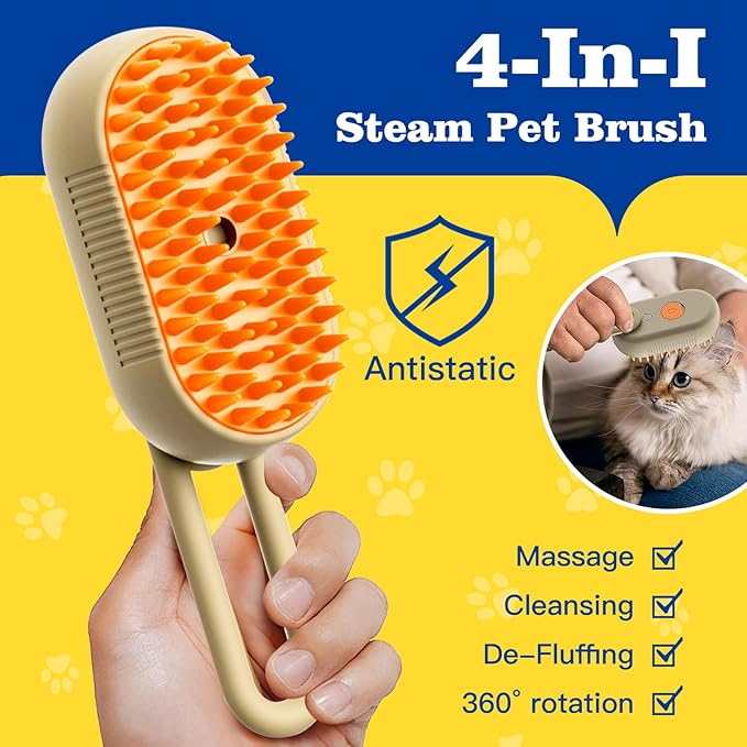 4 in 1 Cat Steam Brush for Shedding Cat Steam Brush Spritz Defur Comb for Cats With Shedding Steamy Pet Hair Brushes Indoor Steamer Dog Steaming Cepillo Para Gatos Con Vapor Misting Pets Grooming Comb