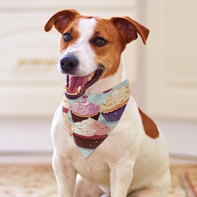 Dog Bandana Spring Pet Scarf Adjustable Triangle Delicious Cupcakes Printing Dog Bib Washable Polyester Puppy Bandana for Small Medium Large Dogs Cat Birthday Party Supplies