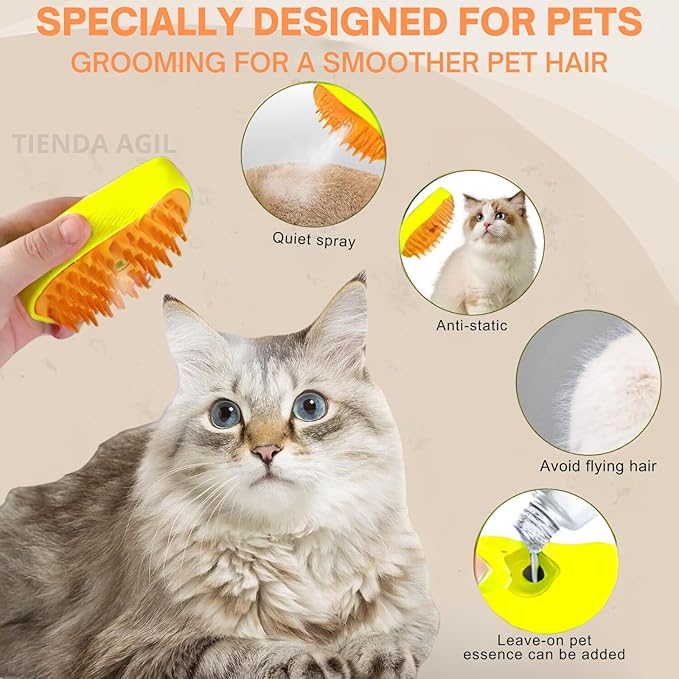 Hair Brush for Pets with Steam Function, Soft Rubber Bristles, Water or Essential Oil Reservoir, Non-Slip Grip, Easy Cleaning, for Dogs and Cats (Yellow)