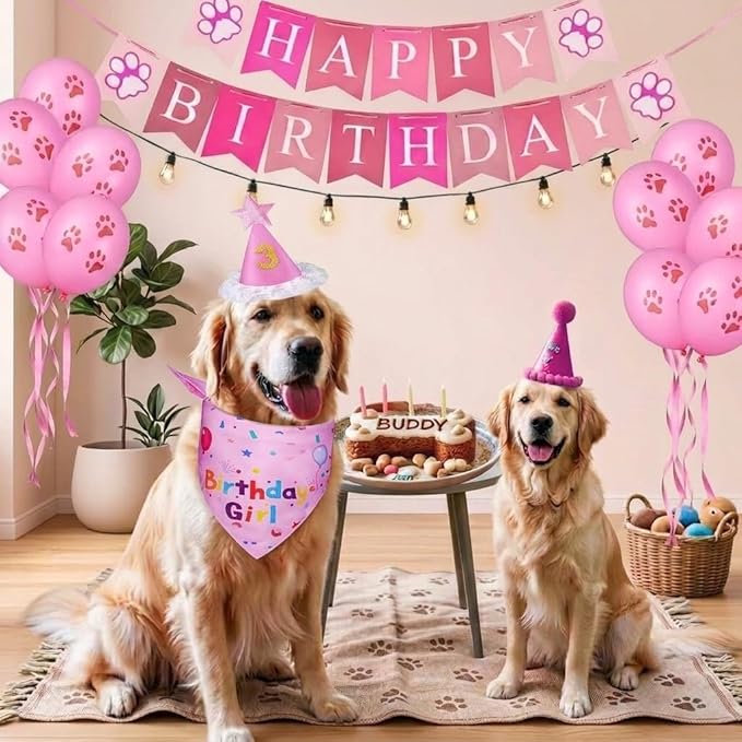 Dog Birthday Party Supplies, Dog Birthday Bandana Set, Dog Boy Girl Birthday Party Hat with Numbers,Flag, Balloon for Large Medium Small Dogs Pet (Pink)