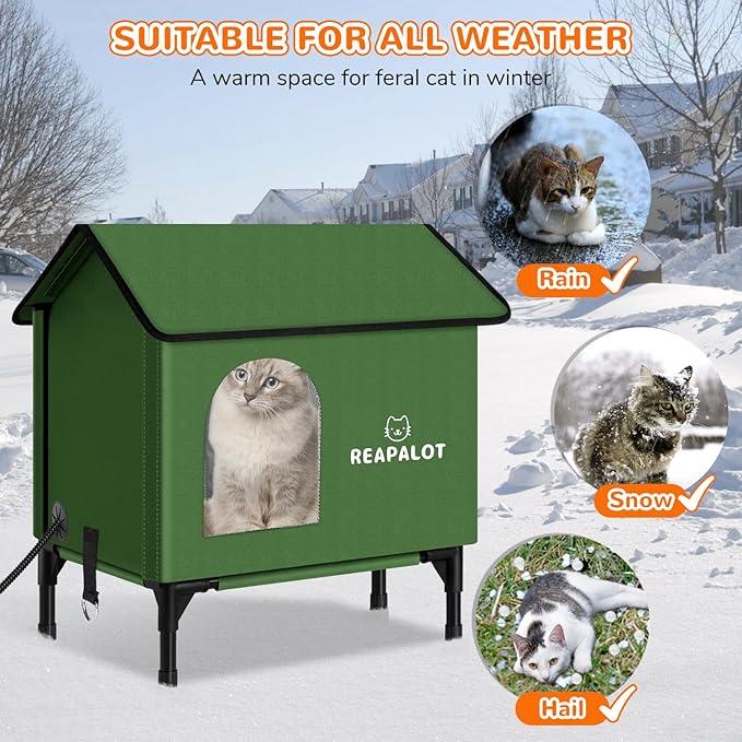 REAPALOT Heated Cat House for Outside Cat in Winter, Insulated Outdoor Feral Cat Shelter with Cat Heating Pad, Elevated Heated Kitty House for Multiple Cats (Green, M(20"x17.5"x23.6"))