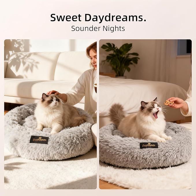 PaPaPet Premium Small Donut Cat&Dog Bed, Ultra Soft Washable Dog and Cat Bed, Plush Long Pile Faux Fur Fabric, Portable Grey Pet Bed Furniture for Puppies Adult Canines & Cats (20'', Grey)