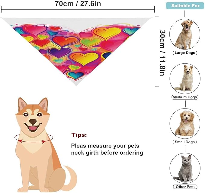 Dog Bandana Spring Pet Scarf Adjustable Triangle Colourful Heart Printing Dog Bib Washable Polyester Puppy Bandana for Small Medium Large Dogs Cat Birthday Party Supplies