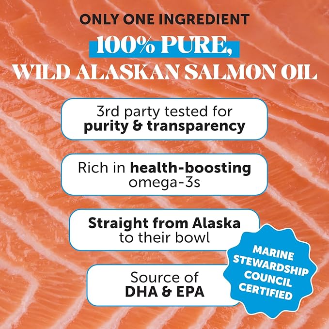 Wild Alaskan Salmon Oil, Omega-3 Fish Oil for Dogs and Cats, Fatty Acids, Salmon Oil for Dogs, Skin and Coat Health, Pure Dog Food Topper, Supports Joints, Brain & Heart Health - 32oz